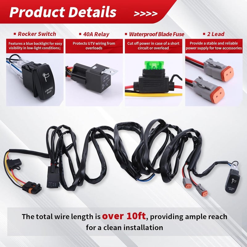 Solvrex UTV Whip Light Wiring Harness with Plug & Play Pulse Busbar Connector DT Plug Compatible with Polaris RZR Ranger General, 16AWG 2 Lead Rocker On Off Switch - Image 2